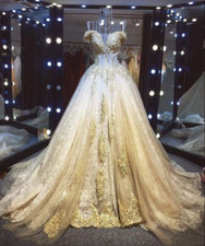 Gold Champagne Off the Shoulder Wedding Dresses Lace Appliques Bridal Gowns