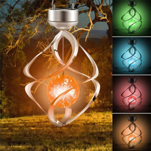 Solar Powered Led Wind Chimes Light Color Changing Hanging Spiral Spinner Lamp