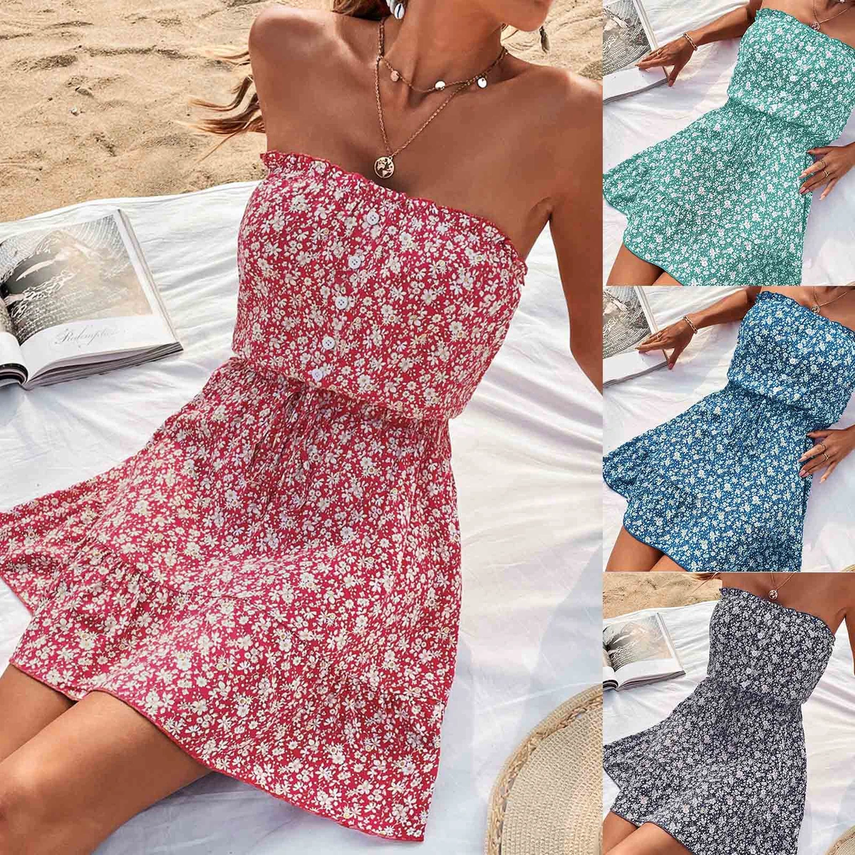 Strapless Dress For Women Summer Beach Smocked Sundress Top Dress