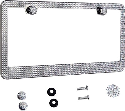 White Crystal Diamond Rhinestone Stainless Steel License Plate Frame Cover DJC A