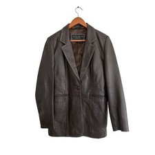 Leather Elements Brown 100% Leather Jacket Beige Stitching Pockets Lined