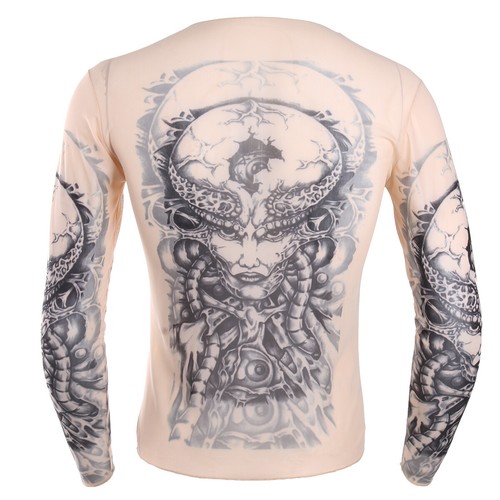 Mens Long Sleeve Mesh See Through T-shirt Fake Tattoo Blouse Shirt Party Fancy - Picture 20 of 56