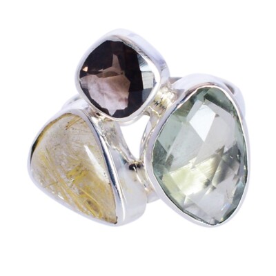 Goldener Rutil Edelstein grüner Amethyst Rauchquarz Sterlingsilber Ring Schmuck