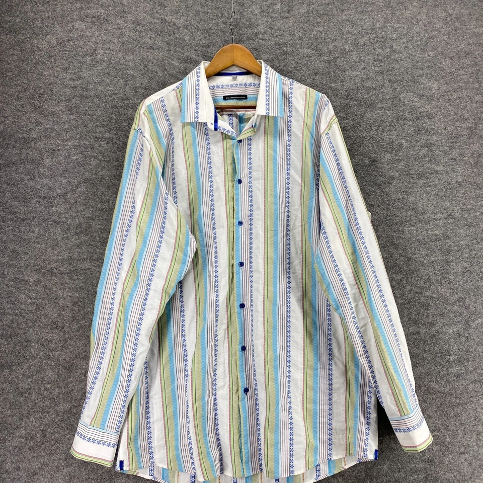 Visconti Uomo 衬衫男式 XLT 高白色条纹纽扣 2 层美化棉 — 第 3/4 张图片