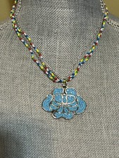 Silver Tone Blue Turquoise Green Flower Pendant Multi Strand Necklace 18  
