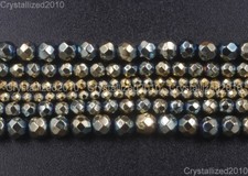 2 Strands Natural Hematite Gemstone Green Pyrite Faceted Round Beads 8mm 15''