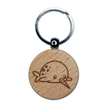 Chibi Narwhal Plopped on Belly Engraved Wood Round Keychain Tag Charm