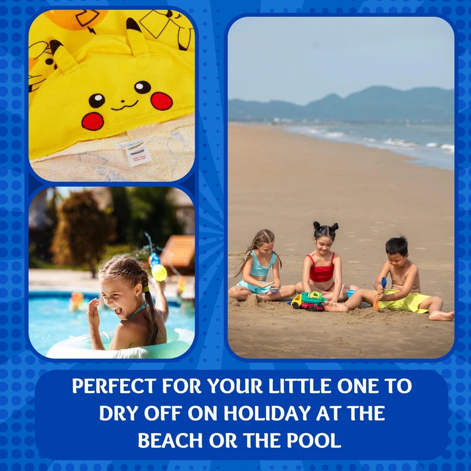 Pikachu Hooded Towel Kids 3D Ears Pokemon Poncho Beach Bath Towel Swimming Wrap - Image 3 of 4
