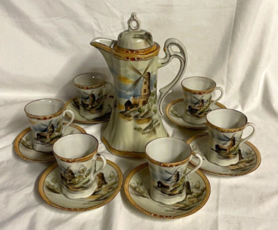 Windmill Theme Nippon Chocolate Pot Set--Pot and Lid, Cups and Saucers