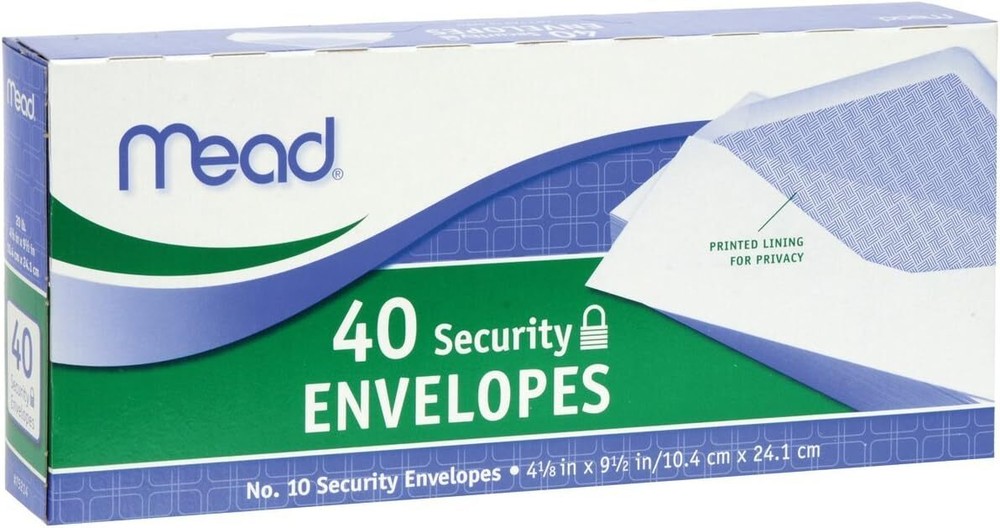 Mead #10 Envelopes, Security Printed Lining for Privacy, Gummed Closure