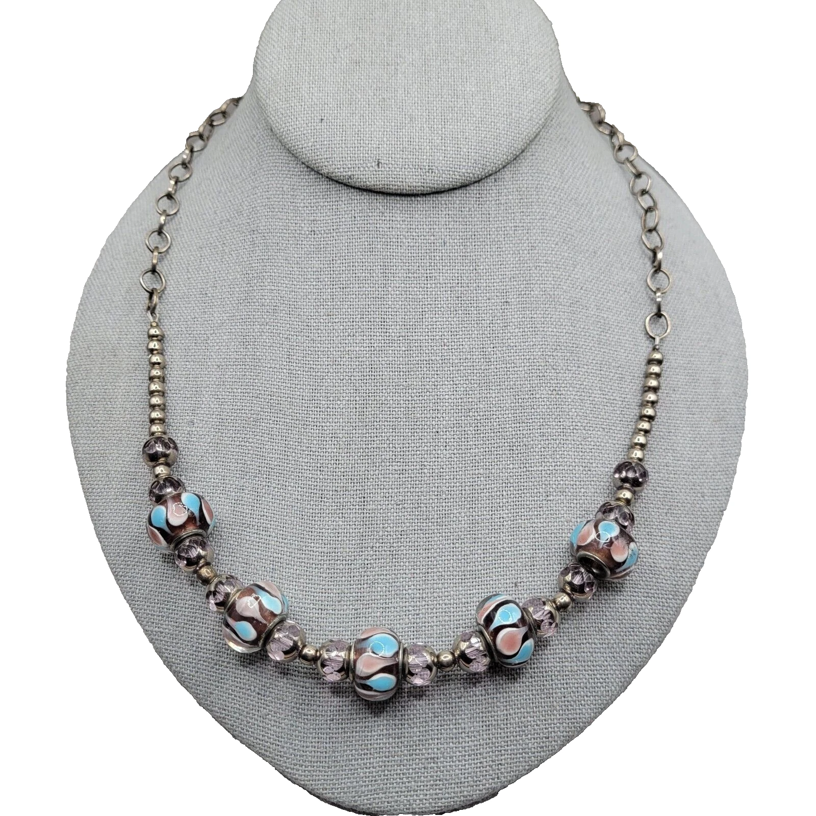 VETEMENTS Collana Vetro Soffiato Viola Turchese Perline Sfaccettate Argento