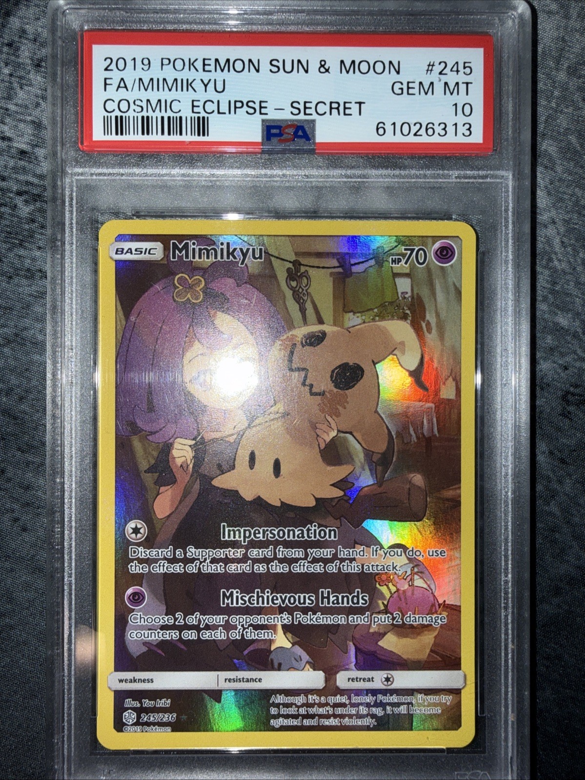 2019 POKEMON SUN & MOON COSMIC ECLIPSE SECRET #245 FULL ART / MIMIKYU PSA 10