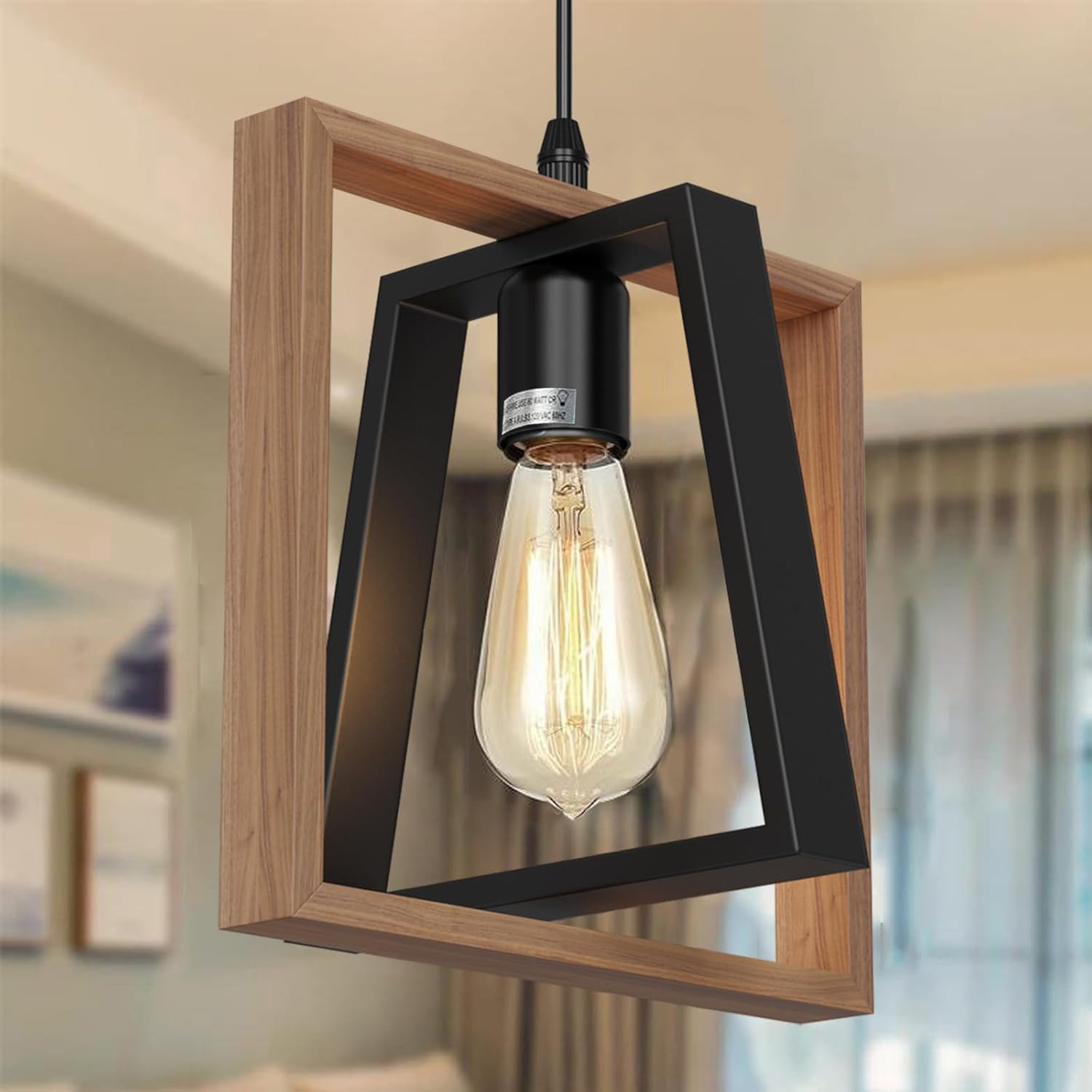 Lampada a Sospensione Vintage Industriale Legno Nero per Cucina E27