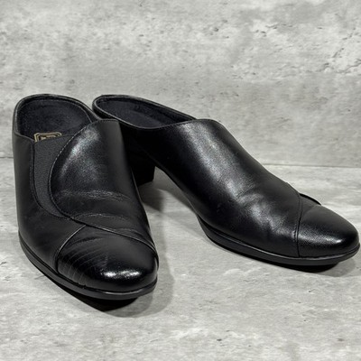 Munro American Cassie Black Leather Heeled Mules Slip On Women's Size 8 N