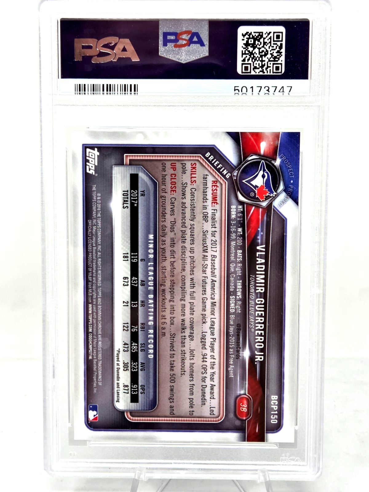 2018 Bowman Chrome BLUE REFRACTOR VLADIMIR GUERRERO JR RC Card /150 PSA 10 GEM view 3