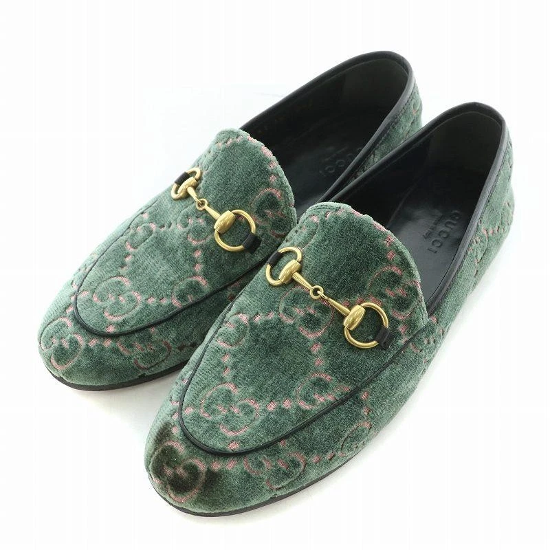 Mocassins Gucci Jordarn Horsebit velours vert 23 cm talon bas chaussures femme