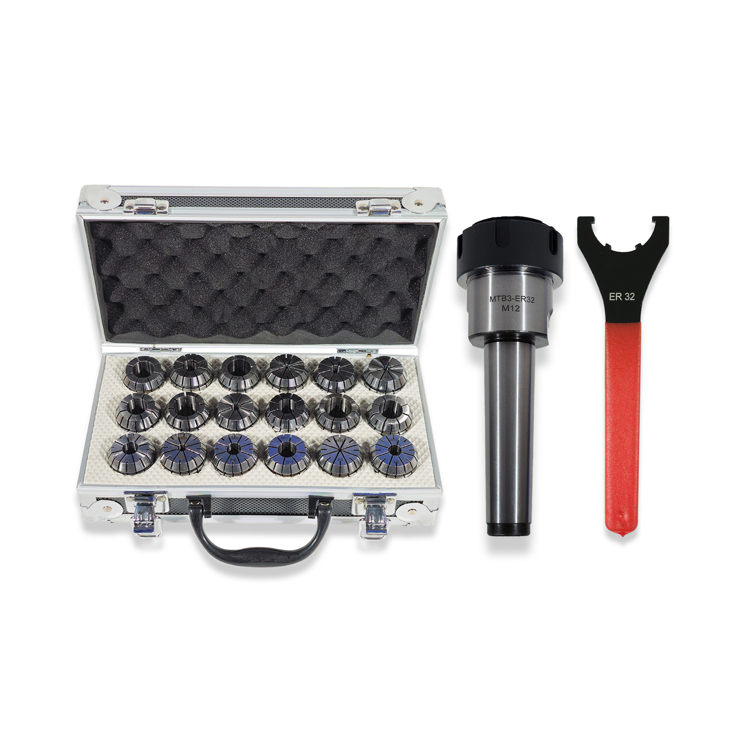 3MT ER32 COLLET CHUCK WITH 18PC COLLET SET 2-20MM ER32 RANGE + SPANNER RDGTOOLS