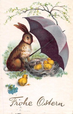 408120) Nice Postcard Happy Easter ''Bunny Shielded Chick's Nest'' expired 1935
