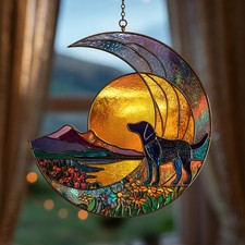 Moonlight dog acrylic suncatcher, stained glass style night nature window deco