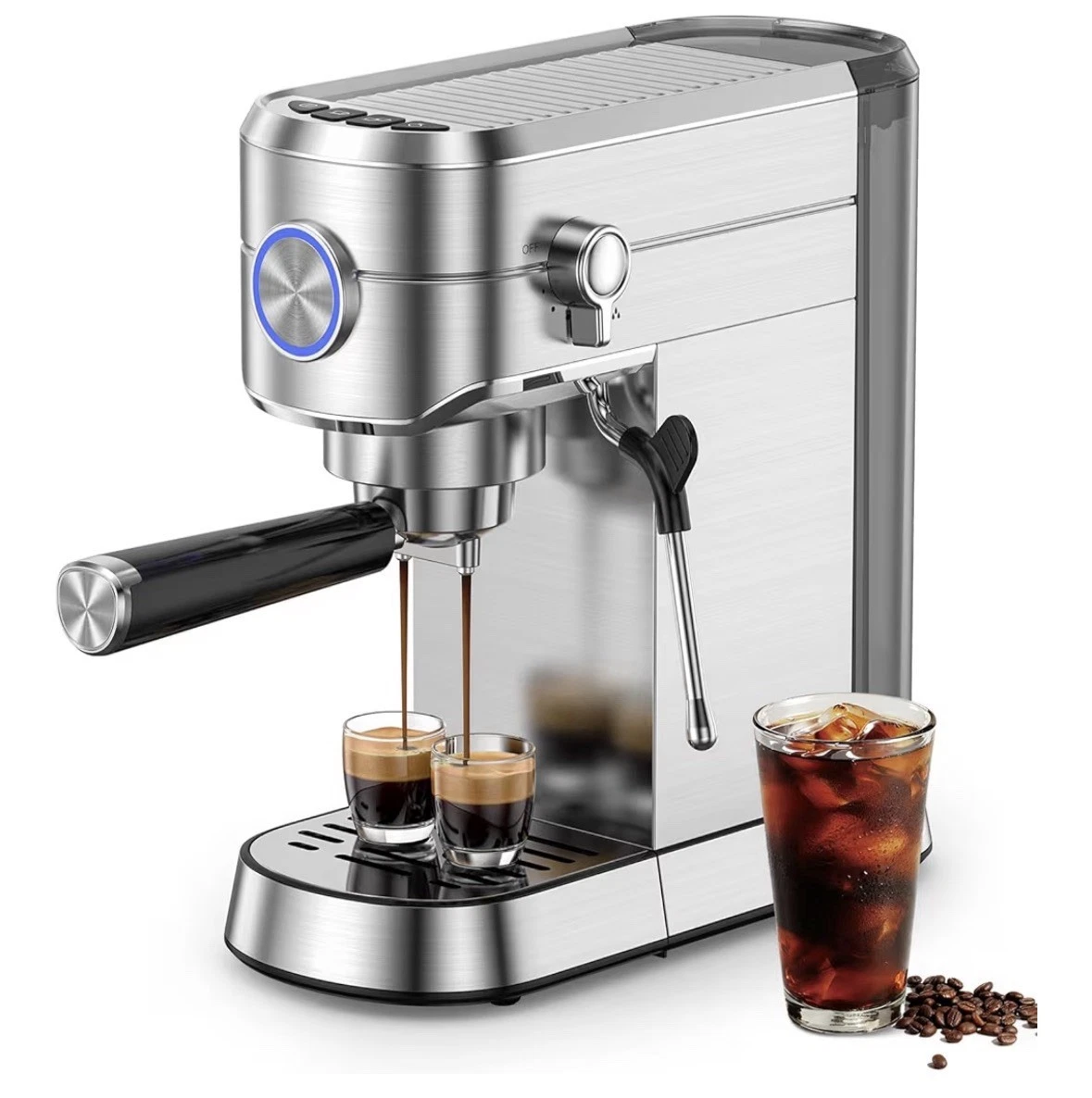 Espresso Machine Stainless Steel w/ Steam Milk Frother 34oz Tank Compact