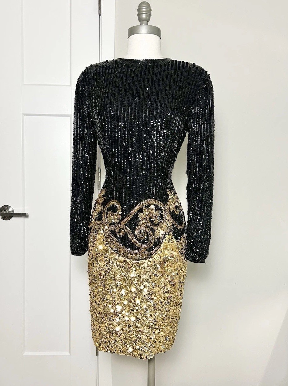 Vintage 80's Niteline Long Sleeve Dress 4 Black & Gold Silk Sequin Beaded