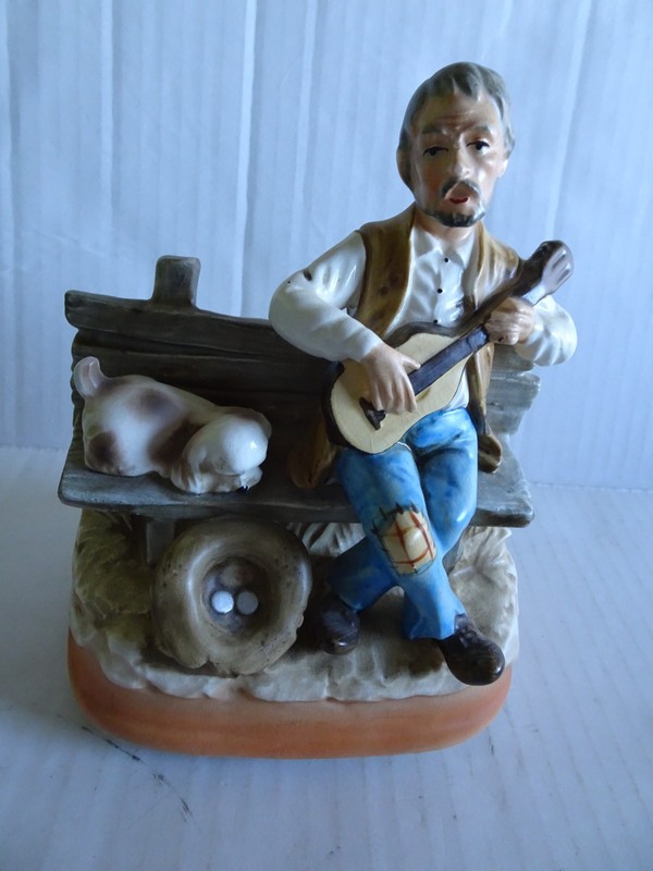 Music Figure - Beggar with his Dog - Vintage Sankyo - Japan- Porcelain 