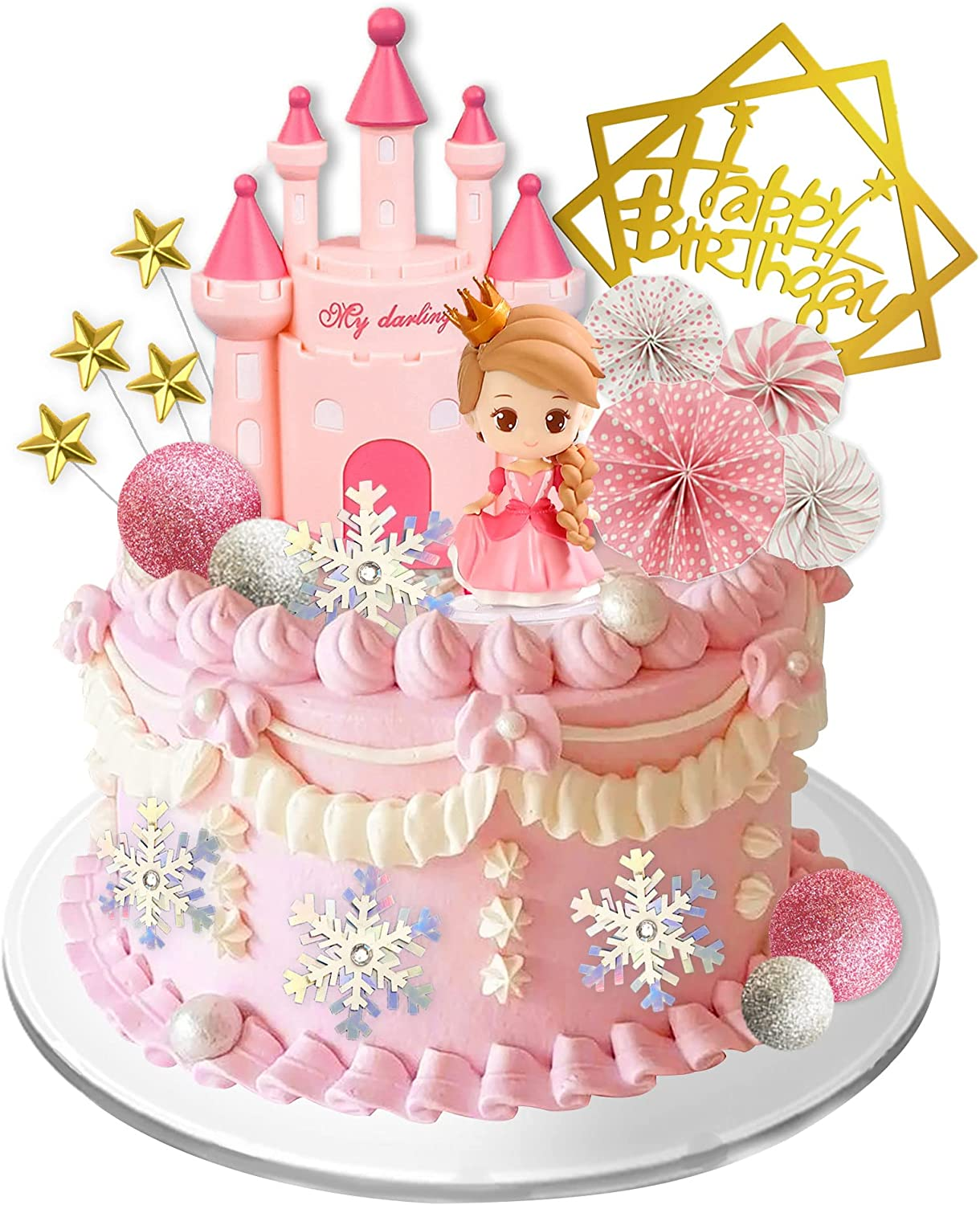 19PCS Princess Castle Cake Topper with Snowflakes for Girls Birthday Party