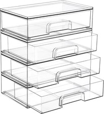 Clear Stackable Storage Drawers, 4 Pack Wide Plastic Organizers