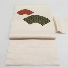 Nagoya Obi Silk Japanese folding fan Patchwork pattern Beige 141.7inch Women's