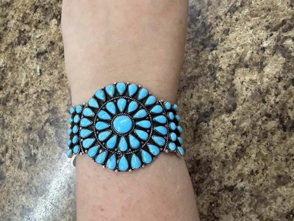 Kingman Turquoise Cluster Nickel Cuff Bracelet Vintage Native American - Image 1 of 2