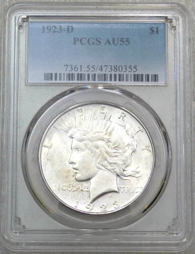 1923-D Peace Silver Dollar PCGS AU55 Frosty Luster PQ New Holder #E608D