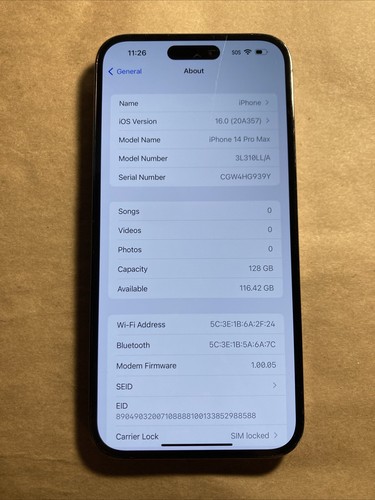 iPhone 14 Pro Max Deep Purple (AT&T) 128GB CHECK ESN SCRATCHES - Afbeelding 3 van 8