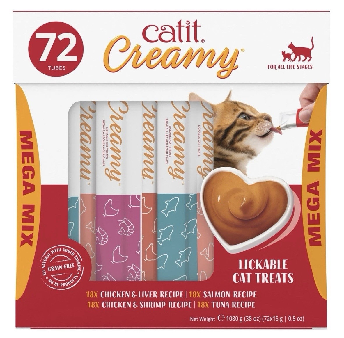 Catit Creamy Lickable Cat Treats Mega Mix, 72-count, Chicken, Salmon, Tuna