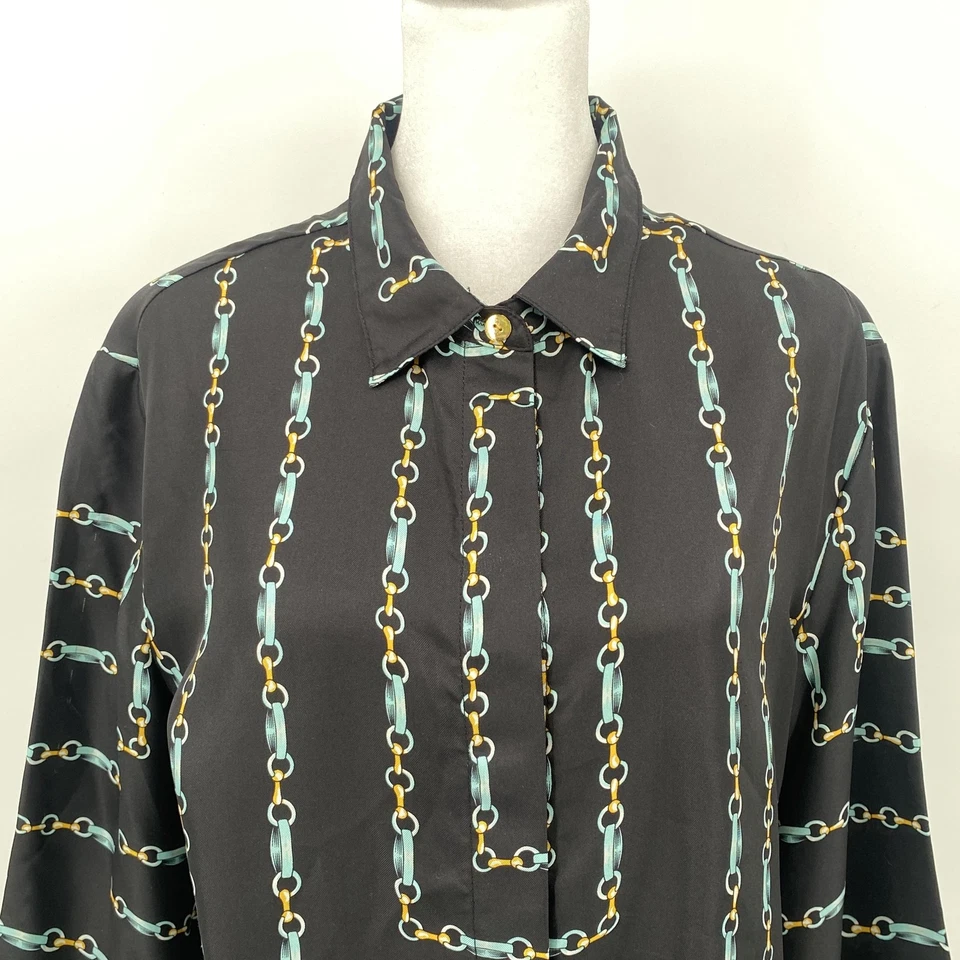 Blusa de Colección Julie Brown NYC Camisa Para Mujer 10 Negra Estampado de Cadena 100% Seda Abotonada Foto 2 de 4