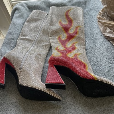 NWOT GIANNI BINI Rhinestone Silver Boots With Red Heels And Flames 9M $229