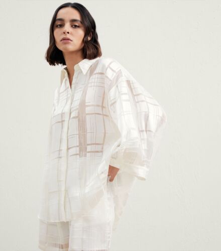Brunello Cucinelli Oversized Silk Jacquard Check Shirt Blouse sz M 2899