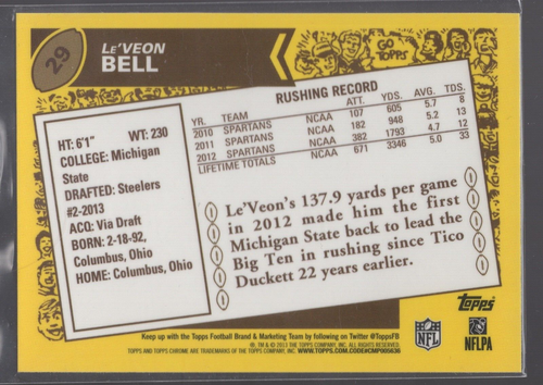 2013 Le'Veon Bell Topps Chrome Football Rookie RC Retro Pittsburgh Steelers - Picture 2 of 2