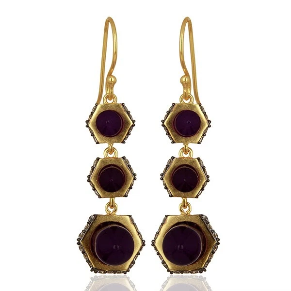 Cz Studded Hexagon Square Edged Earrings Pencil Aventurine Statement Earrings - Image 2 of 4