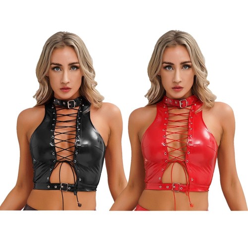 Women Faux Leather Vest Crop Top Sleeveless Lace-Up Buckled Tank Top Clubwear - Picture 4 of 42