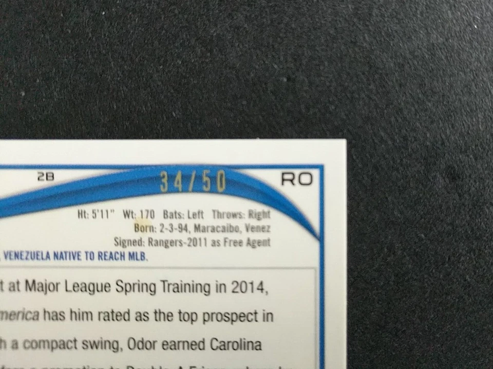 2014 Topps ~ Rougned Odor RC ~ Autógrafo certificado Topps refractor dorado SP 34/50 Foto 4 de 4