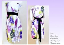 Sz 4 DressBarn Sheer Layered Cap Sleeve Purple White Watercolor Tie Back Dress