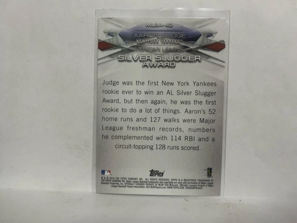 MLBA-42 Aaron Judge AL Silver Slugger Award New York Yankees 2018 Topps Series 1 - Image 2 of 2