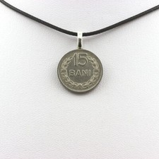 Collier pièce de monnaie Roumanie 15 bani Cordon noir.