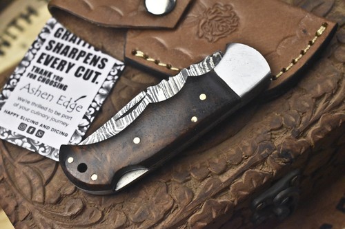Ashen Edge Hot Item Twist Damascus Folding Knife Walnut Wood Back Lock Hunting - Picture 6 of 8