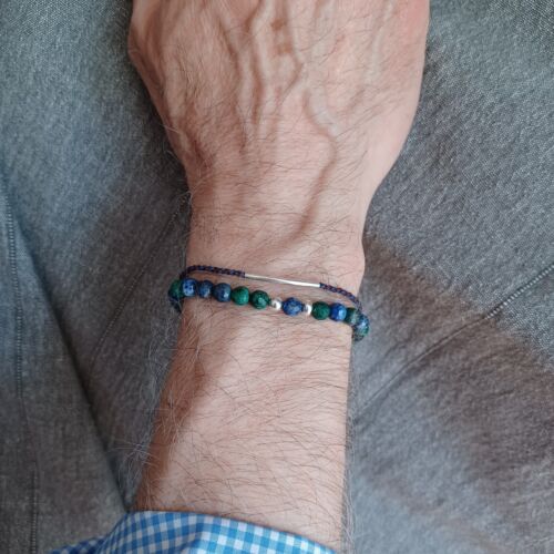 New men's 925 sterling silver with natural azurite stone 2 pcs set bracelet - Picture 2 of 7