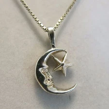 Sterling Silver Man in the Moon Pendant & 16 in Box Link Chain 2.9g [3197]