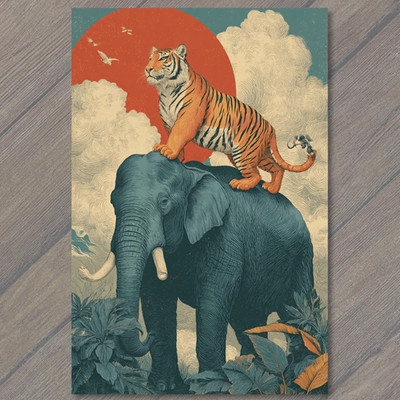 STICKER Tiger Elephant Jungle Sun Surreal Animals Tropical Nature