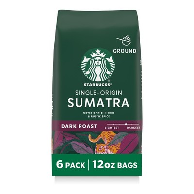 Starbucks Ground Coffee, Dark Roast Hot or Iced 12 Ounce (Pack of 6), Sumatra 