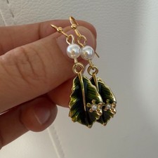 Natural Freshwater Pearl Earrings 14K Gold Plated Green Leaf Anniversary Gift