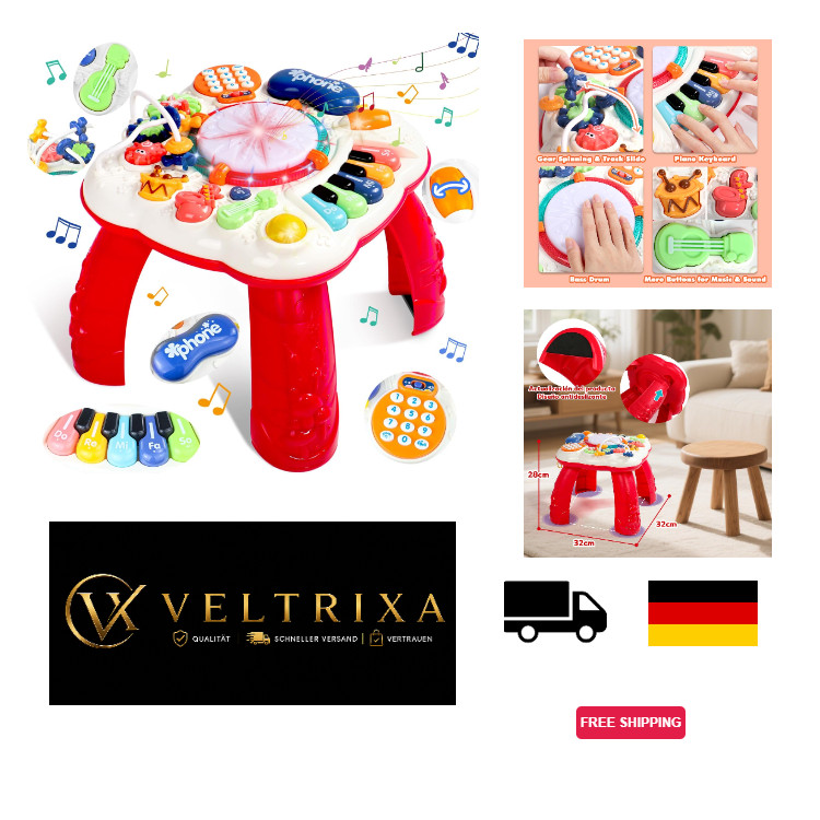 Spieltisch Baby Spielzeug Rot - 6 in 1 Lernspielzeug für Kinder ab 1 Jahr, 32x32
